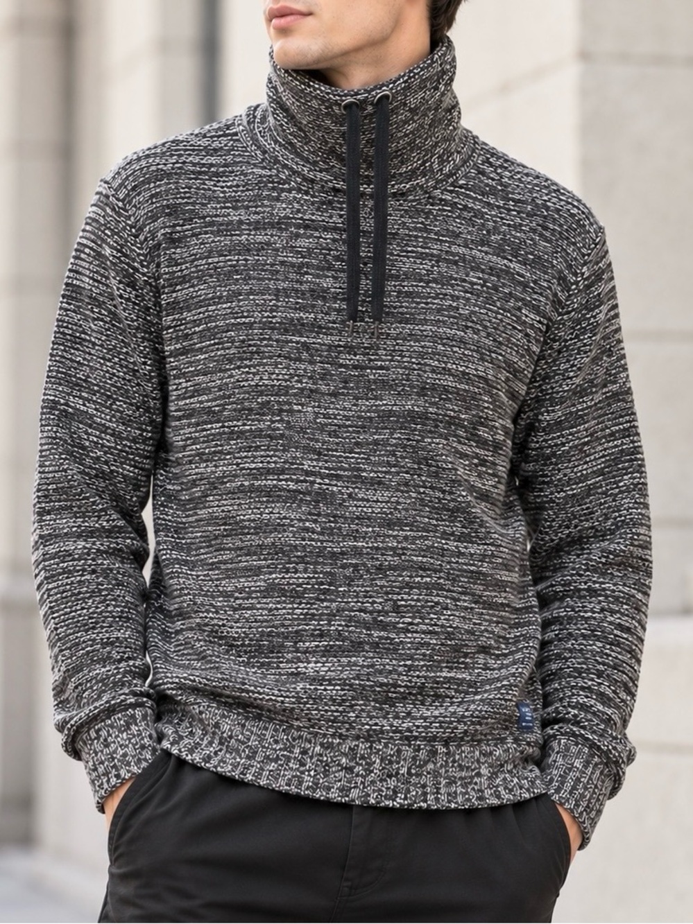 Blend Men’s Marled Knit Cowl Neck Drawstring Pullover Sweater Charcoal M